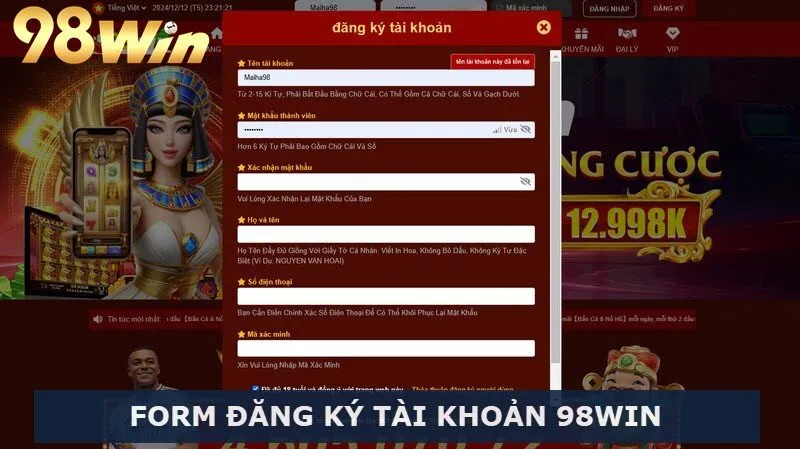 Form đăng ký tài khoản chính thức của 98Win