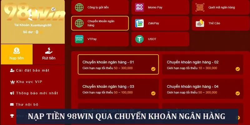 Giao diện nạp thông qua tài khoản ngân hàng